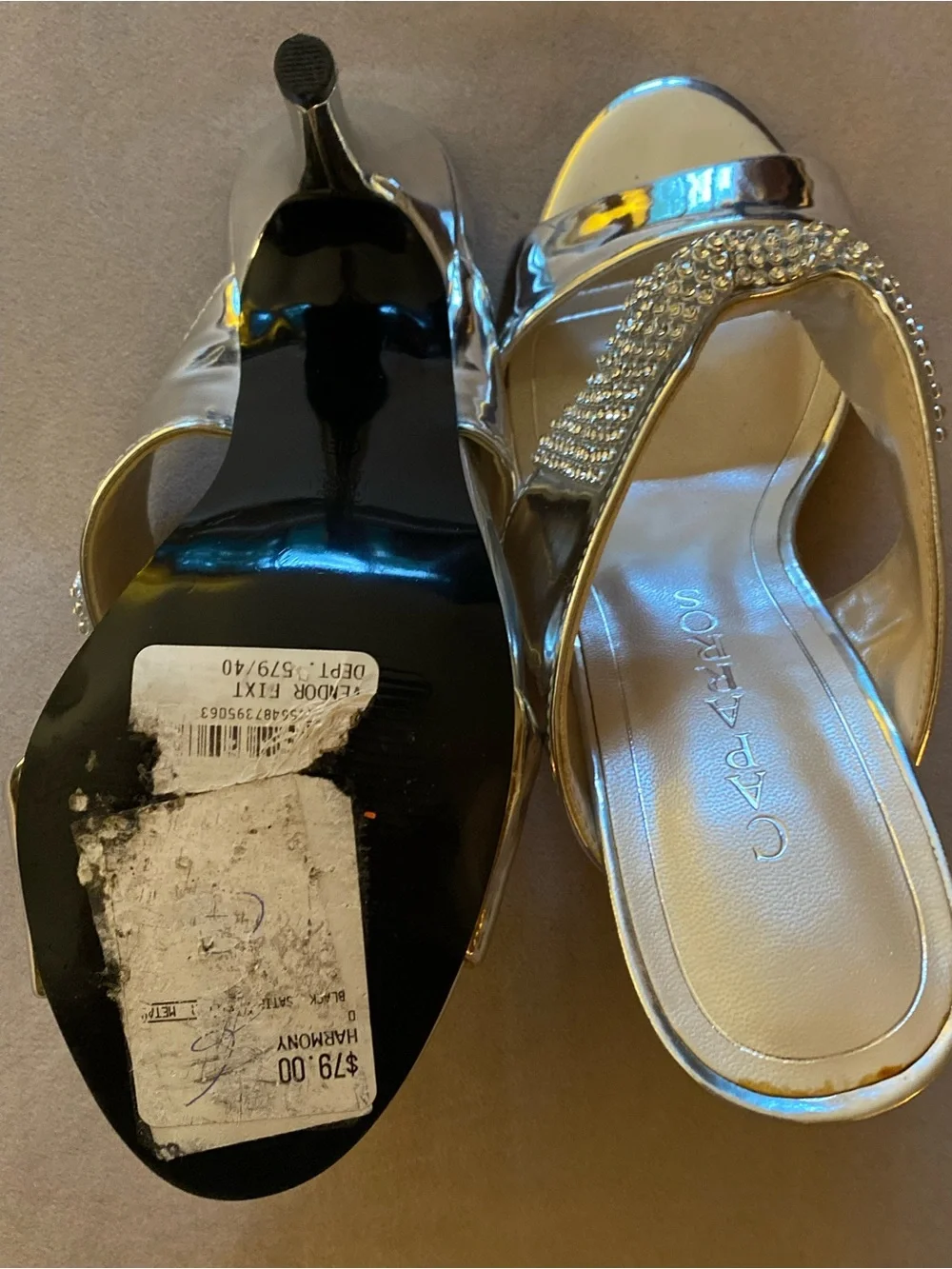 Caparros Harmony Silver Crystal Bow Slide Heels Size 6